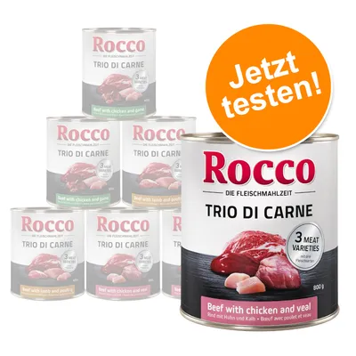 Rocco Trio di Carne, 800 g, Beef with chicken and veal. Tekst na njemačkom: Jetzt testen! Prikazane i druge varijante s natpisima Beef with chicken and game, Beef with lamb and poultry.