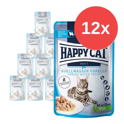 Happy Cat Adult Quellwasser Forelle Spring Water Trout kapsičky pro kočky, balení 12×. Viditelný text: Also for sterilised cats, grain-free recipe, All in One, Natural Life Concept.