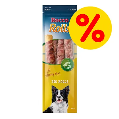 Confezione Rocco Rolls Big Rolls XL chewing fun! 315 g, con scritta 'with duck breast fillet' e simbolo percentuale rosso su sfondo giallo in alto a destra.
