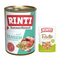 6 x 400 g RINTI Kennerfleisch + 100 g Filetto Pouch in Jelly mit Ente & Gemüse gratis! - Pansen
