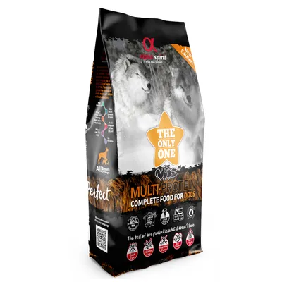 Alpha Spirit Multi-Protein Hundefutter, geeignet für alle Rassen. Enthält keine Getreide, kein Gluten, keine Fleischmehle. Mit QR-Code für weitere Informationen.
