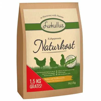 Lukullus zimnotłoczona karma naturalna, kurczak z pełnoziarnistym ryżem, 16,5 kg. 1,5 kg gratis. Naturalna receptura z lokalnymi owocami. Odpowiednia dla psów.