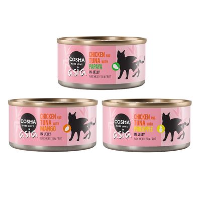 Cosma Asia корм для кошек, варианты: курица и тунец с папайей, манго или ананасом в желе. Pure Meat, Fish & Fruit.