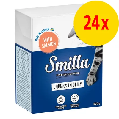 Smilla Chunks in Jelly with Salmon, 24x380 g. Tekstit: Made in Sweden, with salmon, grain-free recipe, contains taurine. Smilla Chunks in Jelly with Salmon, 24x380 g. Tekstit: Made in Sweden, with salmon, grain-free recipe, contains taurine.