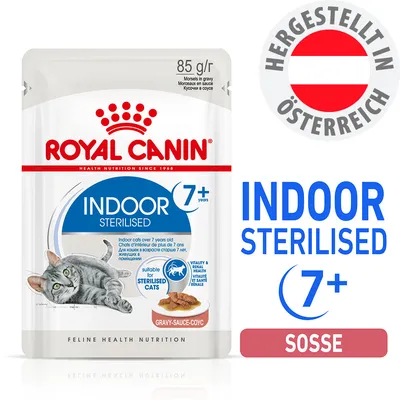 Royal Canin Indoor Sterilised 7+ Jahre, 85g, in Sauce. Hergestellt in Österreich. Für sterilisierte Wohnungskatzen ab 7 Jahren geeignet.