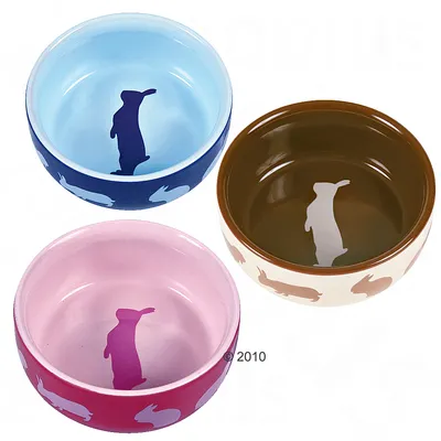 Tre ciotole per alimenti in blu, rosa e marrone con motivo coniglio all'interno e all'esterno. Adatte per piccoli pet.