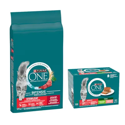 9,75 kg PURINA ONE + 24 x 85 g SterilCat Terrine vegyes csomag nedvestáp ingyen - Sterilcat marha