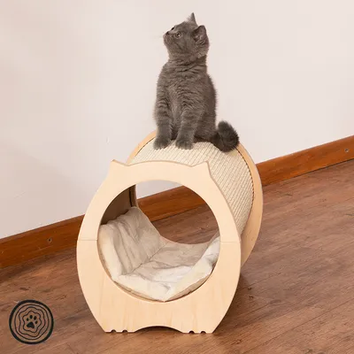 Кошачья мебель из дерева с когтеточкой и мягким лежаком. Серая кошка сидит сверху на мебели.