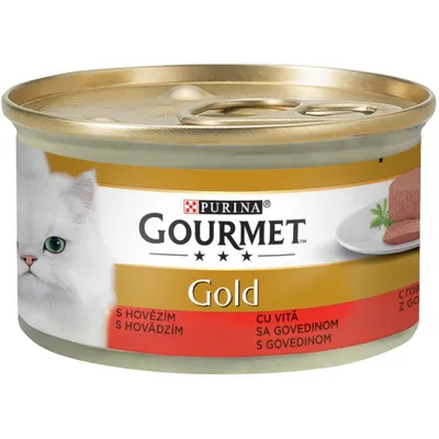 Purina Gourmet Gold консерва за котки с говеждо, златиста опаковка, изображение на бяла котка и сервирана храна в чиния.