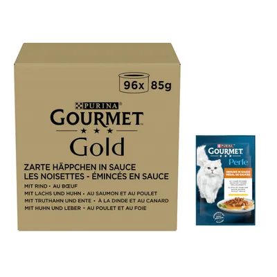 26x85 g gratis! 96x85 g Pachet Jumbo Gourmet Gold + gratis 26x85 g Gourmet Perle hrană umedă pisici - Gold 96 x 85 g Bucățele în sos: vită, pui & ficat, somon & pui, curcan & rață + Perle Savoare în sos Pui 26 x 85 g 