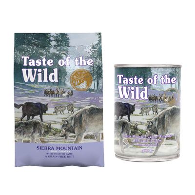 Taste of the Wild Wetlands Canine Formula s divokou drůbeží, bezobilná výživa. Obal zobrazuje vlky a kachny v přírodě.