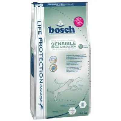Opakowanie karmy bosch Sensible Renal & Reduction, widoczny napis LIFE PROTECTION concept, waga 11,5 kg, grafika psa, tekst Ultra Premium Quality.