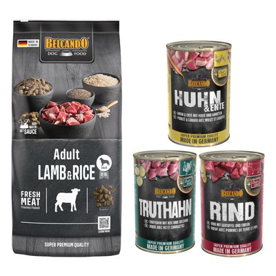 Belcando Adult Dinner, sac 15 kg et assortiment de 6 boîtes 400 g pour chien, texte visible : Pack gourmand. Emballages avec photo de chien et noms des variétés sur les boîtes.