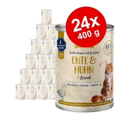 Sandelle karma dla kotów, kaczka i kurczak z olejem lnianym, 24x400g puszki. Bez zbóż, 100% wyselekcjonowane składniki. Pełnoporcjowa karma dla dorosłych kotów.