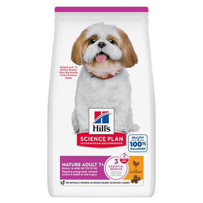 Hill's Science Plan Mature Adult 7+ Small & Mini up to 10 kg, with chicken. Texte en anglais : supports energy level & vital organs health in older small dogs. Sans colorants ni arômes artificiels.