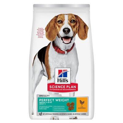 Hill's Science Plan Perfect Weight medium 11-25kg adult food with chicken, clinically proven nutrition to reach and maintain healthy weight, no synthetic colours or artificial flavours.