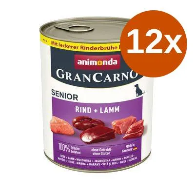 Animonda GranCarno Senior Rind + Lamm våtfoder, 12x. Text: 100 % frische zutaten, ohne Getreide ohne Gluten, Made in Germany. Bild på köttbitar på burkens etikett. Animonda GranCarno Senior Rind + Lamm våtfoder, 12x. Text: 100 % frische zutaten, ohne Getreide ohne Gluten, Made in Germany. Bild på köttbitar på burkens etikett.