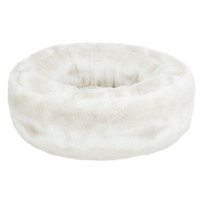 Okrugli krevet za kućne ljubimce od bijelog pliša, bez vidljivih uzoraka ili brenda.