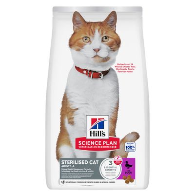 Hill's Science Plan Sterilised Cat Adult 1–6 with Duck, croquettes pour chat stérilisé, texte en anglais sur la gestion du poids et l'absence de conservateurs ou arômes artificiels.