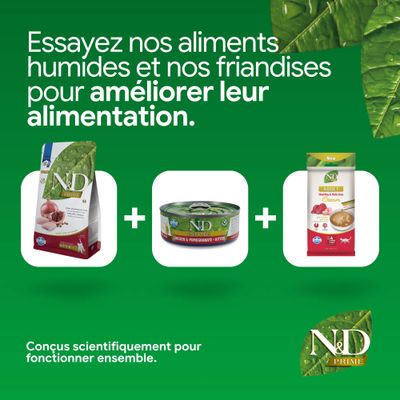 N&D Prime aliments secs, aliments humides et friandises côte à côte. Texte : Essayez nos aliments humides et nos friandises pour améliorer l’alimentation. Développé scientifiquement.