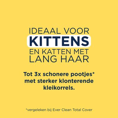 Ever Clean Super Premium Clumping Cat Litter, Litterfree Paws, 10L. Tekst: tot 3x schoner, ideaal voor kittens & katten, 99,9% stofvrij. Afbeelding van twee witte katten.