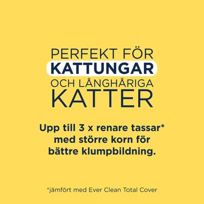 Ever Clean Super Premium Clumping Cat Litter Litterfree Paws, 10L. Text: Breathe easy: 99,9% dust free, ideal for kittens & cats, activated carbon, XL granulat, upp till 3x renare tassar.