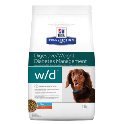Hill's Prescription Diet Digestive/Weight Diabetes Management w/d Mini with Chicken, 1.5 кг; изображение на куче и гранулирана храна на опаковката.
