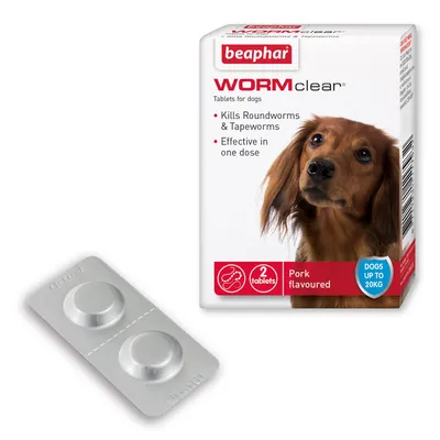Worming tablets, kills roundworm and tapeworm, effective in one dose, pork flavoured, 2 tablets for dogs up to 20kg shown with packaging and blister pack.
