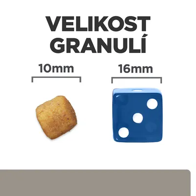 Porovnanie veľkosti granule 10 mm a modrej kocky 16 mm, nadpis: VELIKOST GRANULÍ. Text v češtine.
