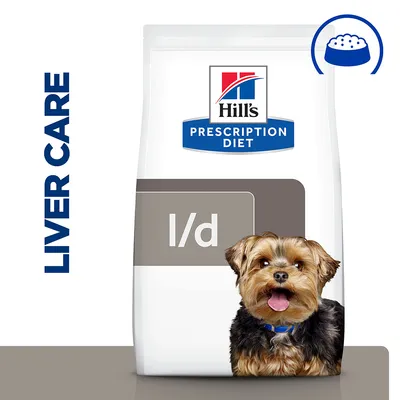 Hill's Prescription Diet l/d kutyatáp csomagolás, rajta egy kis termetű kutya képe. Bal oldalon 'LIVER CARE' felirat, jobb felső sarokban tál szimbólum látható.
