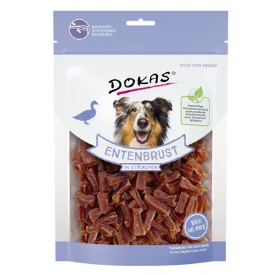 Confezione Dokas con pezzi di petto d'anatra per cani, testo visibile: 'ENTENBRUST IN STÜCKCHEN', '100% AUS ENTE', richiudibile, controllo qualità SS Institut Fresenius.