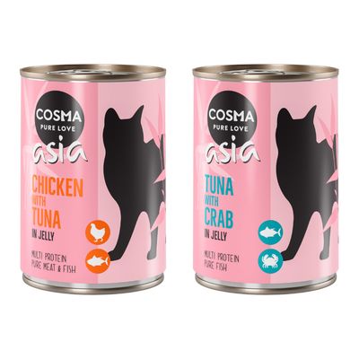 Zestaw 12 puszek Cosma Asia Chicken with Tuna in Jelly, każda 400 g. Na etykiecie widoczny czarny kot, napisy: multi protein, pure meat & fish.