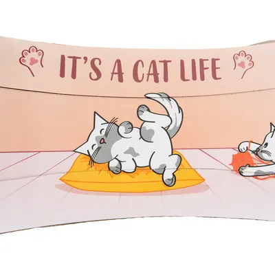 Ilustrație cu pisici, una stă pe o pernă galbenă, cealaltă se joacă cu fir roșu. Text: „It's a cat life”.