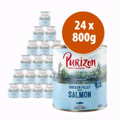 Purizon Chicken Fillet with Salmon para perros adultos, pack de 24 latas de 800 g. Texto visible: 45 % chicken fillet, adult dogs.