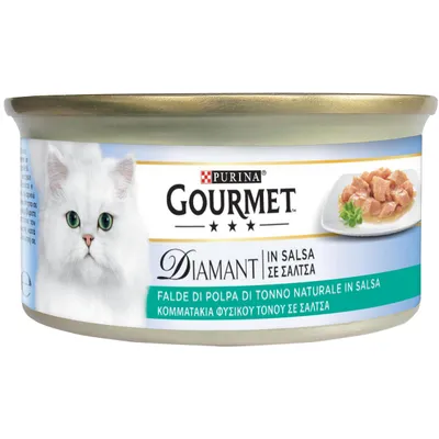 Purina Gourmet Diamant в сос. Парчета натурален риба тон в сос, консерва с изображение на бяла котка и ястие с риба тон.