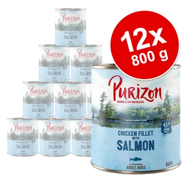 Purizon Chicken Fillet with Salmon, 12x800 g. 45 % chicken fillet. Za odrasle pse. Besedilo na embalaži: Nature is our inspiration, adult dogs. Purizon Chicken Fillet with Salmon, 12x800 g. 45 % chicken fillet. Za odrasle pse. Besedilo na embalaži: Nature is our inspiration, adult dogs.