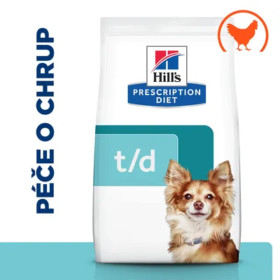 Hill's Prescription Diet t/d, balenie s obrázkom psa, ikona kuraťa, text v češtine: Péče o chrup
