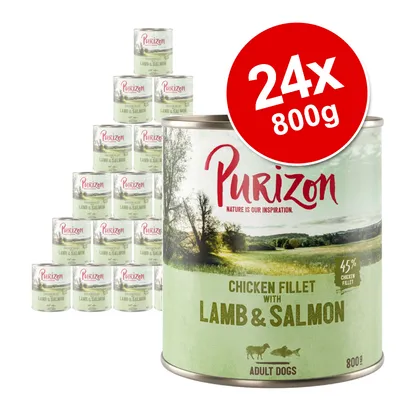 Purizon Chicken Fillet with Lamb & Salmon for adult dogs, 24 x 800g tins, 45% chicken fillet shown on label. Large tin in front, stack of tins behind. Brand text: Nature is our inspiration.