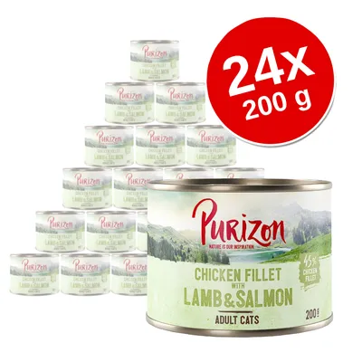 Purizon Chicken Fillet med lam og laks, voksne katte, 45% kyllingefilet, pakke med 24 dåser à 200 g.