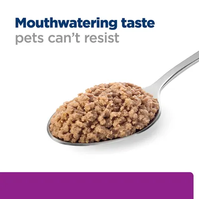 Spoonful of pet food with the text: Mouthwatering taste pets can't resist.