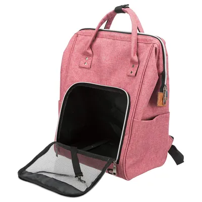 Sac à dos rose pour animaux avec grande ouverture zippée, poche latérale et porte en maille noire. Poignées supérieures et bretelles visibles. Mousqueton intérieur apparent.