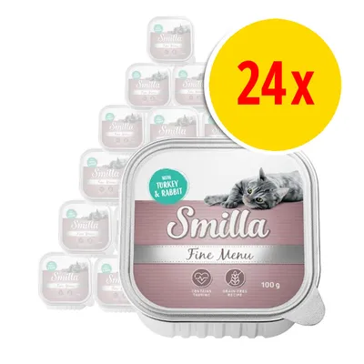 Pack of 24 Smilla Fine Menu trays, each 100g, with turkey and rabbit, contains taurine, grain-free recipe.