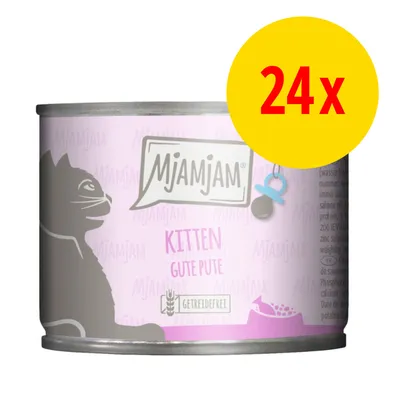 MjAMjAM Kitten Gute Pute, getreidefrei. Verpackung zeigt eine rosa Dose mit Katzenmotiv und gelbem Kreis mit roter Aufschrift '24x'. MjAMjAM Kitten Gute Pute, getreidefrei. Verpackung zeigt eine rosa Dose mit Katzenmotiv und gelbem Kreis mit roter Aufschrift '24x'.