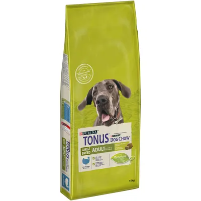 Sacchetto da 14 kg di Purina Tonus Dog Chow Large Breed Adult con immagine di un cane, testo visibile: 'con tacchino', 'Naturium', informazioni nutrizionali e tabella razioni consigliate sul lato. Sacchetto da 14 kg di Purina Tonus Dog Chow Large Breed Adult con immagine di un cane, testo visibile: 'con tacchino', 'Naturium', informazioni nutrizionali e tabella razioni consigliate sul lato.