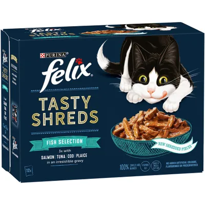 Tasty Shreds Fish Selection with salmon, tuna, cod and plaice in gravy. New shredded pieces. No added artificial colours, flavours or preservatives. 100% complete and balanced.