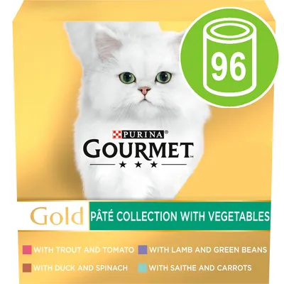 Gold pâté collection with vegetables, 96 cans. Includes trout and tomato, lamb and green beans, duck and spinach, saithe and carrots.