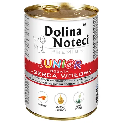 Dolina Noteci Premium Junior, bohaté na hovädzie srdcia. Kompletné krmivo pre šteňatá a mladé psy stredných a veľkých plemien. Zloženie: mrkva, Omega-3 a Omega-6, Yucca Mojave.