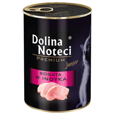 Dolina Noteci Premium Junior, bogat în curcan. Imagine a unei conserve cu motiv de pisică și felii de curcan.