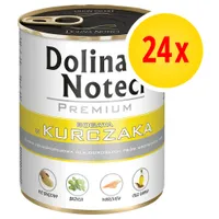 Dolina Noteci Premium bogata w kurczaka, 24x. Widoczne składniki: ryż brązowy, bazylia, marchew, olej lniany. Karma pełnoporcjowa dla dorosłych psów wszystkich ras.