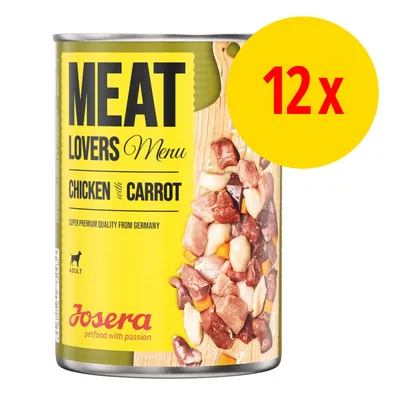 Confezione da 12 x Josera Meat Lovers Menu Chicken with Carrot, alimento per cani adulti. Testo visibile: 'super premium quality from Germany', 'petfood with passion'. Confezione da 12 x Josera Meat Lovers Menu Chicken with Carrot, alimento per cani adulti. Testo visibile: 'super premium quality from Germany', 'petfood with passion'.